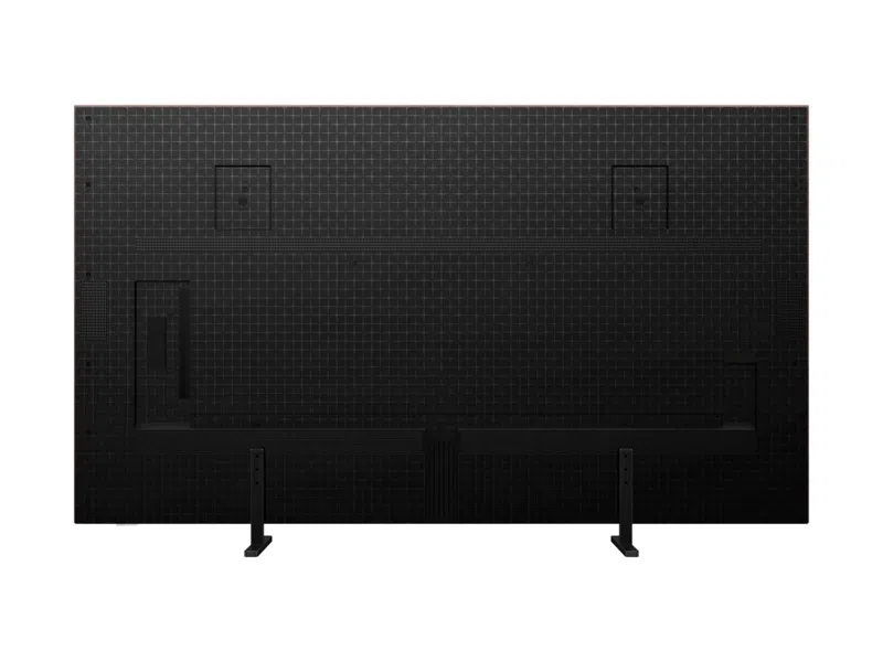 2 | TCL Kenya Back view of a large flat-screen TV on a stand with two feet and mounting brackets.