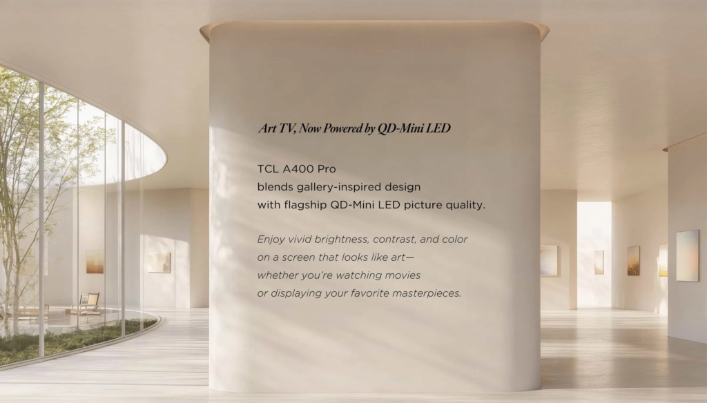 image | TCL Kenya Interior gallery showroom with a curved white wall featuring TCL promotional text about Art TV powered by QD-Mini LED.