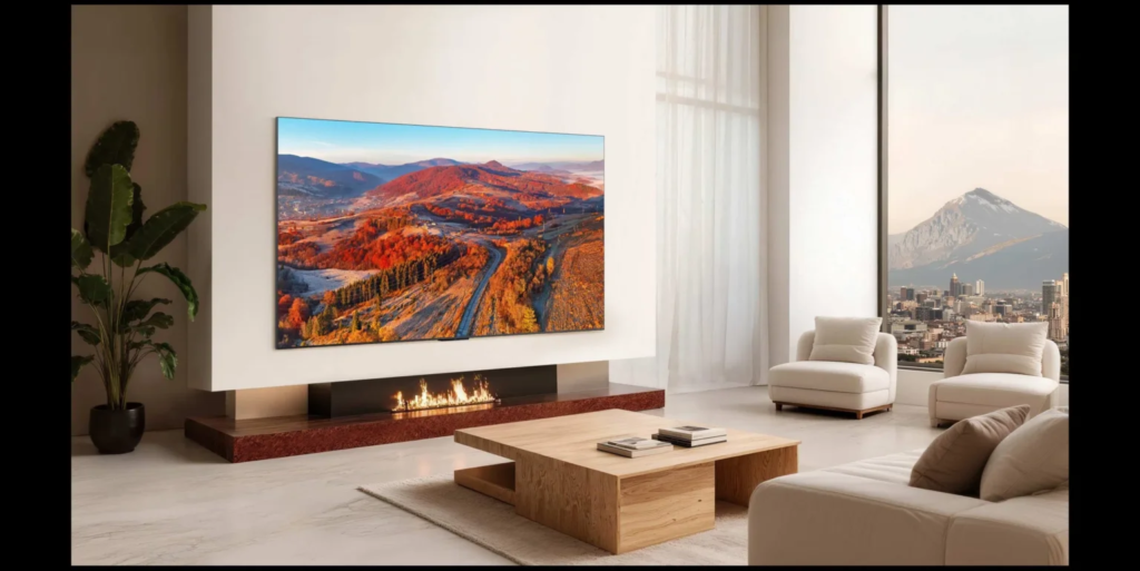 Modern living room with a wall-mounted flat-screen TV above a long fireplace, beige seating, and a wooden coffee table, framed by a large window view of a city and distant mountains.