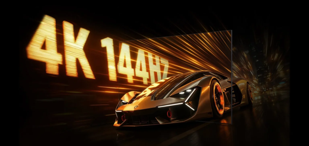 Golden high-speed sports car on a neon-orange track with '4K 144Hz' glowing in the background (promotional tech/image)