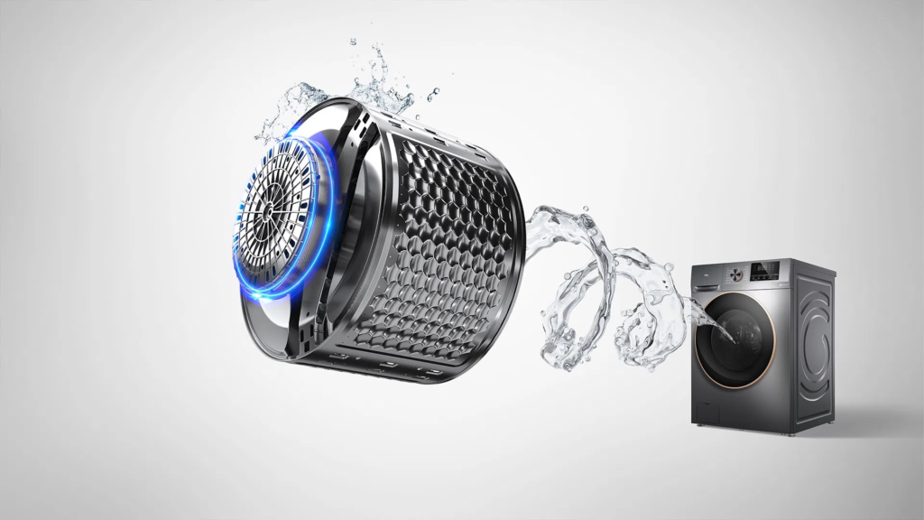 Futuristic front-loading washing machine with a glowing blue drum and water splashes, angled across the image.