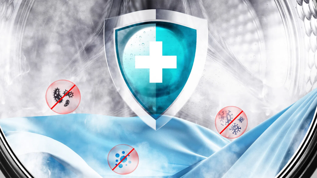 Shield with a white cross, symbolizing protection against viruses, set against a cool blue and gray abstract background with no-entry virus icons nearby.