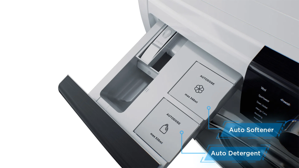 Rotated close-up of a washing machine detergent drawer labeled AUTODOSE with sections for detergent and softener (auto-dose system).