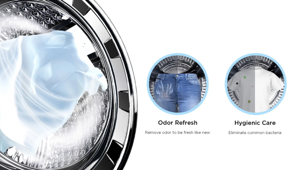 Close-up of a front-loading washing machine drum with a light blue fabric, plus two circular feature icons labeled Odor Fresh and Hygienic Care on the right.